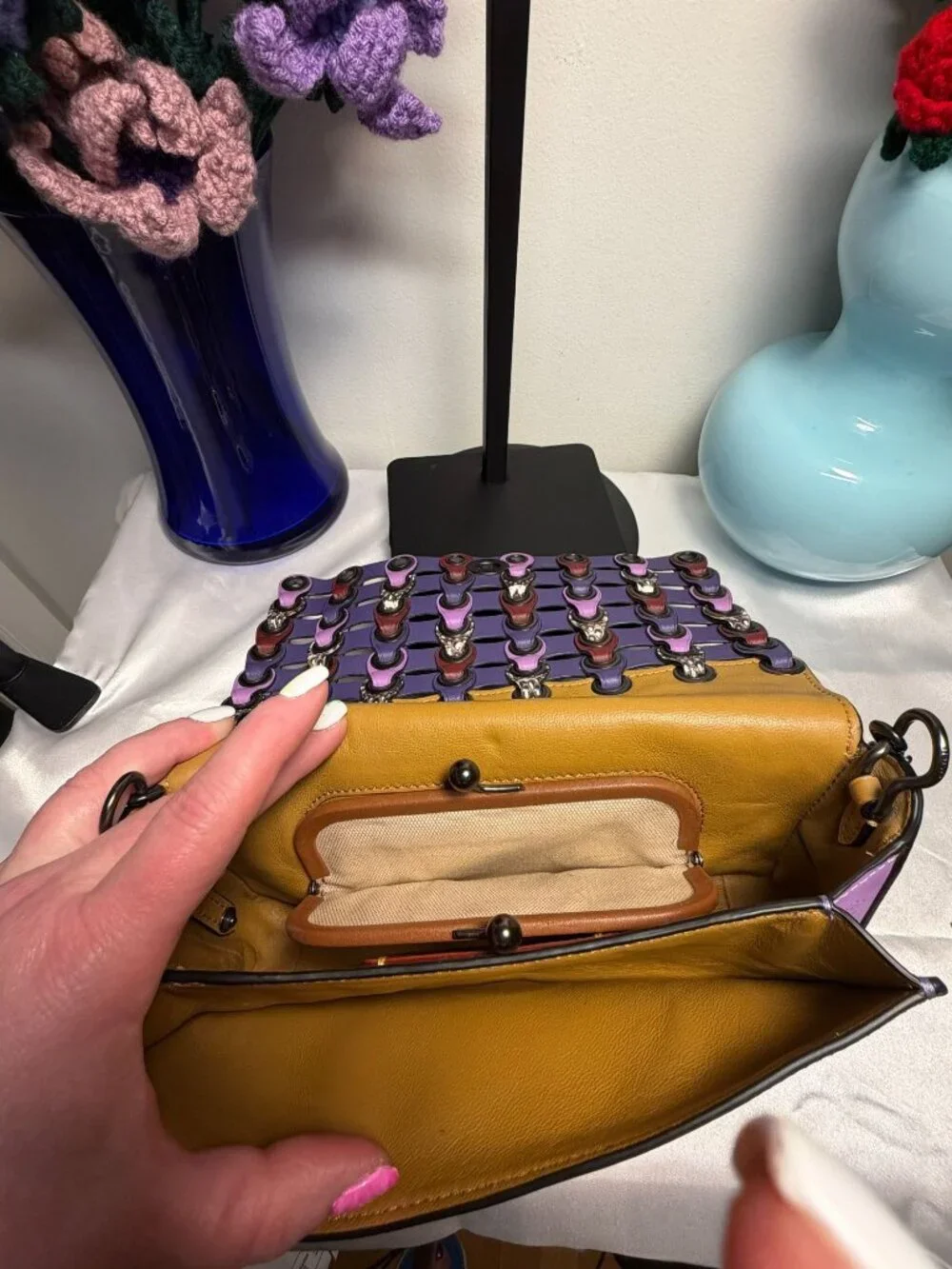 Coach Woven Leather Crossbody Bag With Chain Strap & Colorful Detailing - Purple